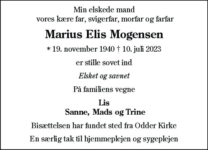 Dødsannonce for Marius Elis Mogensen