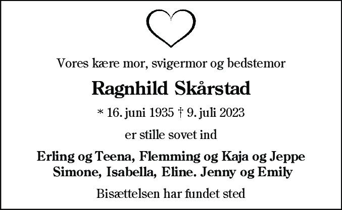 Dødsannonce for Ragnhild Skårstad