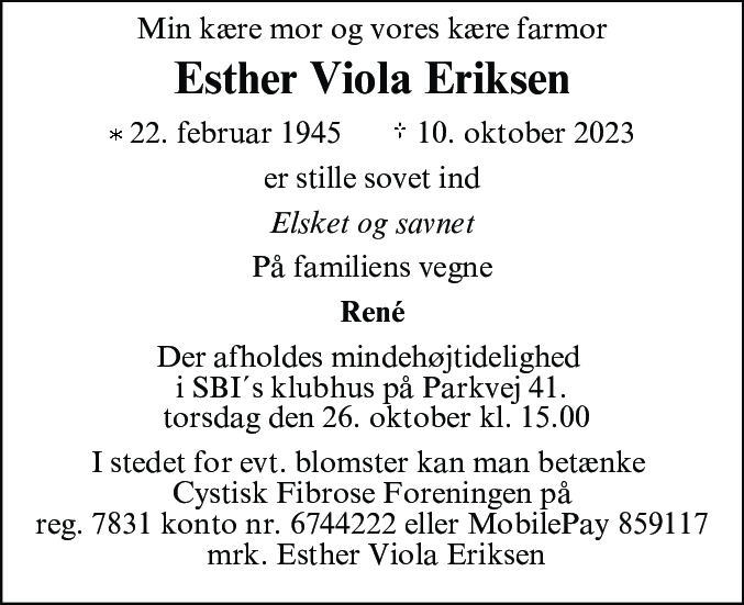 Dødsannonce for Esther Viola Eriksen