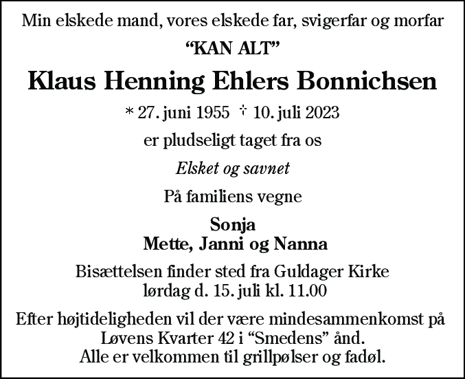 Dødsannonce for Klaus Henning Ehlers Bonnichsen