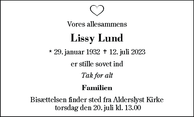 Dødsannonce for Lissy Lund