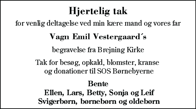Dødsannonce for Vagn Emil Vestergaard