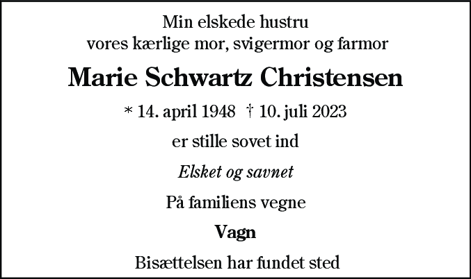 Dødsannonce for Marie Schwartz Christensen