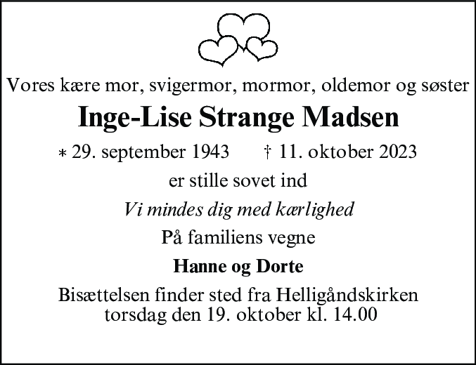 Dødsannonce for Inge Lise Strange Madsen