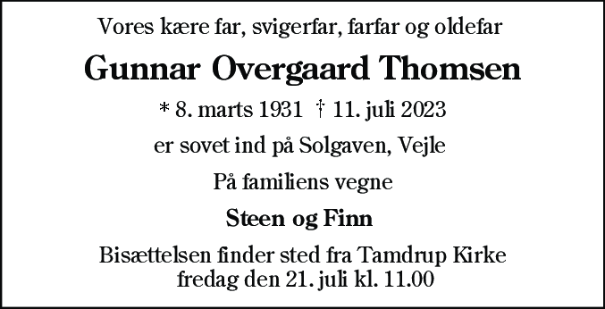 Dødsannonce for Gunnar Overgaard Thomsen