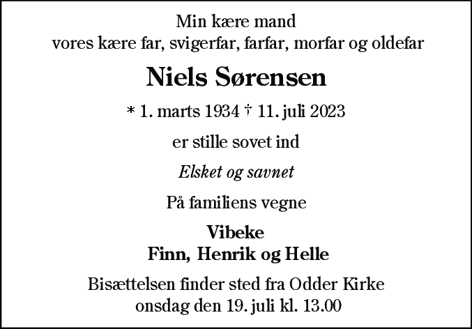 Dødsannonce for Niels Sørensen