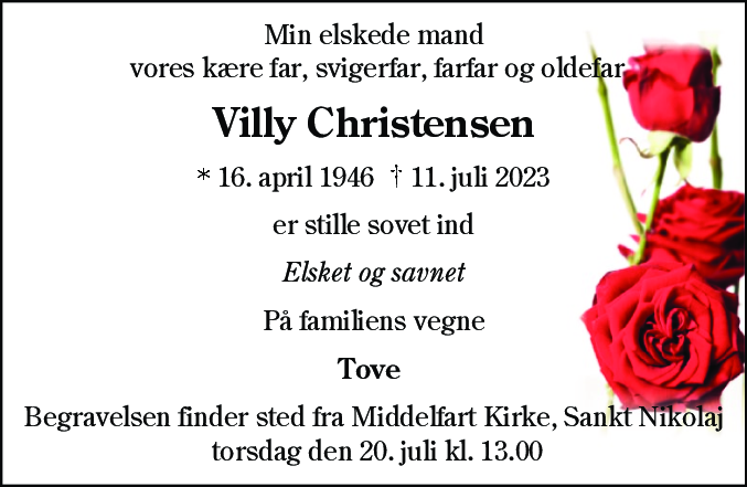 Dødsannonce for Villy Christensen
