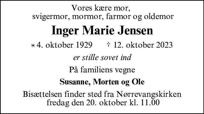 Dødsannonce for Inger Marie Jensen