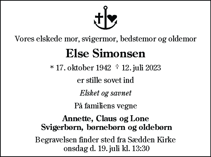Dødsannonce for Else Simonsen