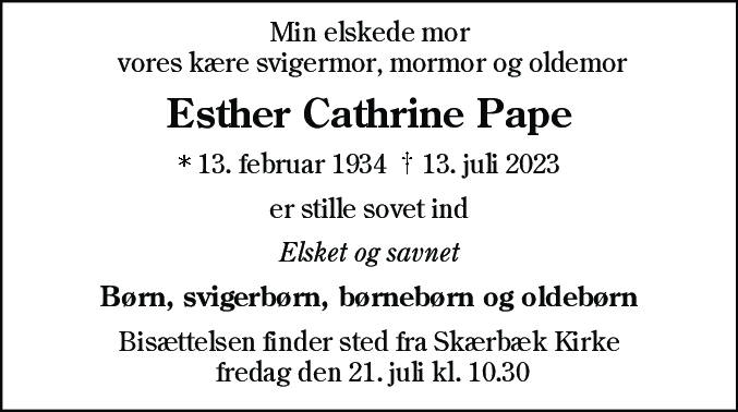 Dødsannonce for Esther Cathrine Pape