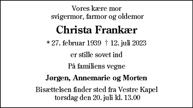 Dødsannonce for Christa Frankær