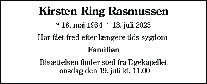 Dødsannonce for Kirsten Ring Rasmussen