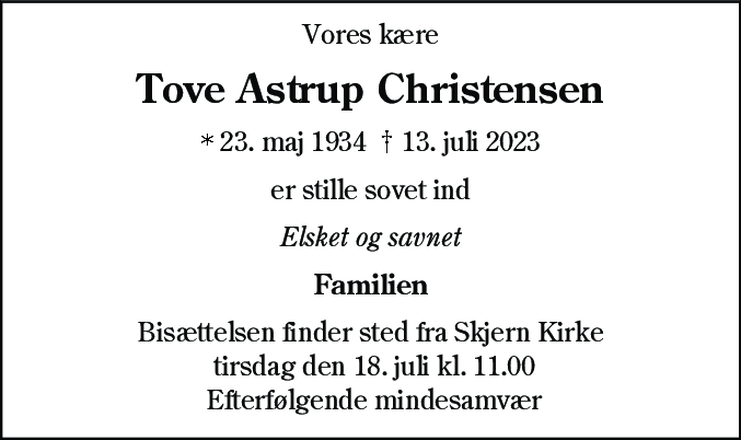 Dødsannonce for Tove Astrup Christensen