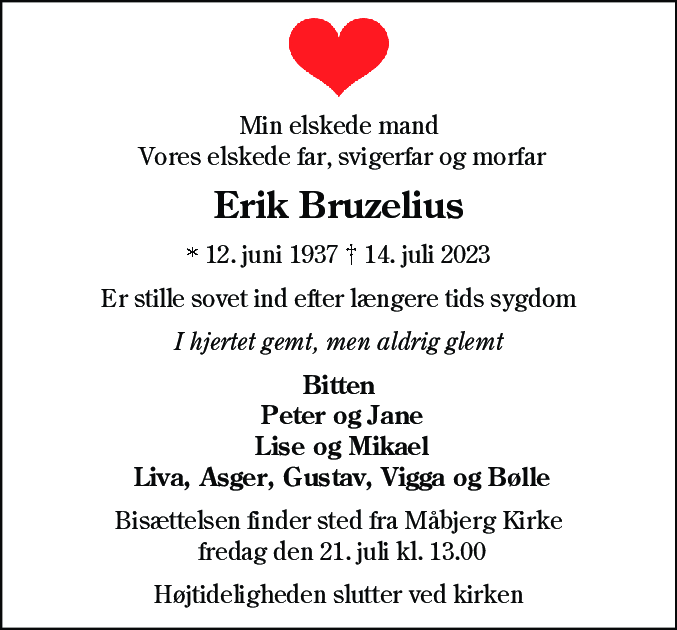 Dødsannonce for Erik Bruzelius
