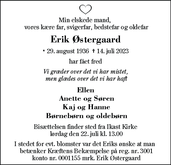 Dødsannonce for Erik Østergaard