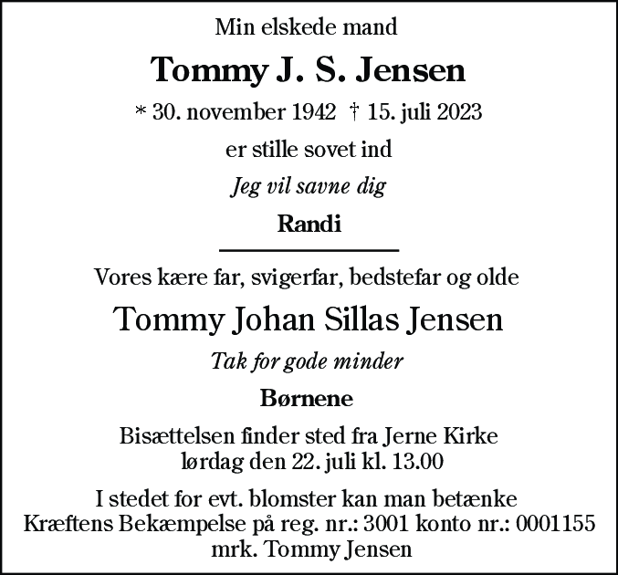 Dødsannonce for Tommy Johan Sillas Jensen