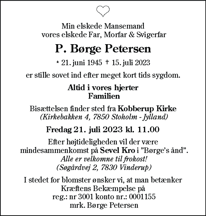Dødsannonce for Poul Børge Petersen