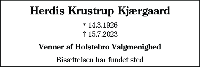 Dødsannonce for Herdis Krustrup Kjærgaard