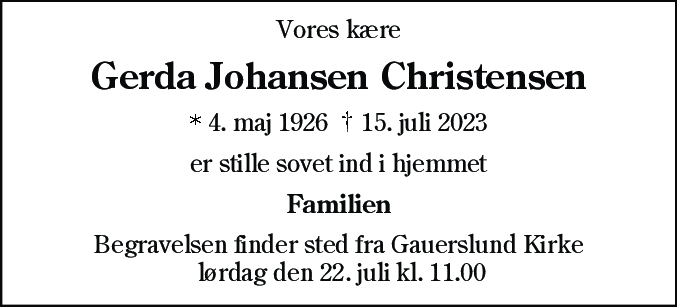 Dødsannonce for Gerda Christensen