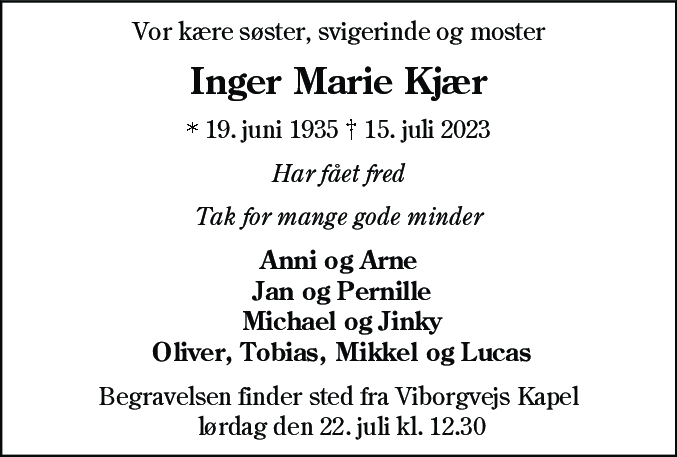 Dødsannonce for Inger Marie Kjær