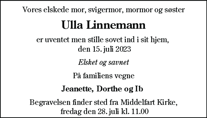 Dødsannonce for Ulla Linnemann