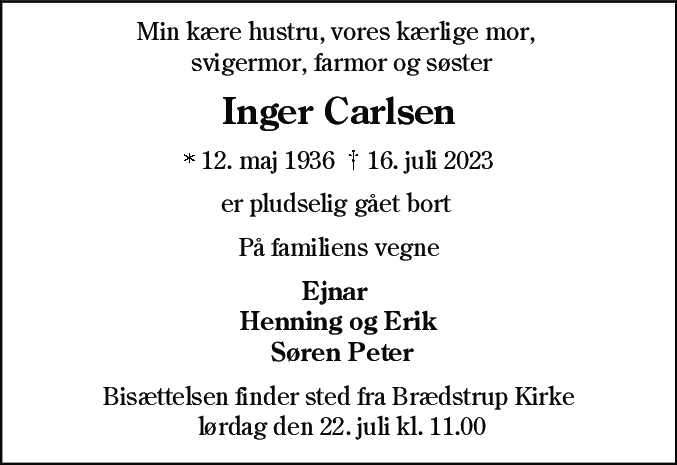 Dødsannonce for Inger Carlsen