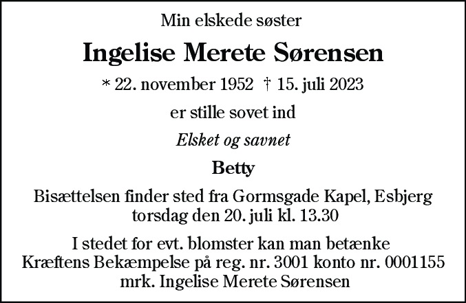 Dødsannonce for Ingelise Merete Sørensen