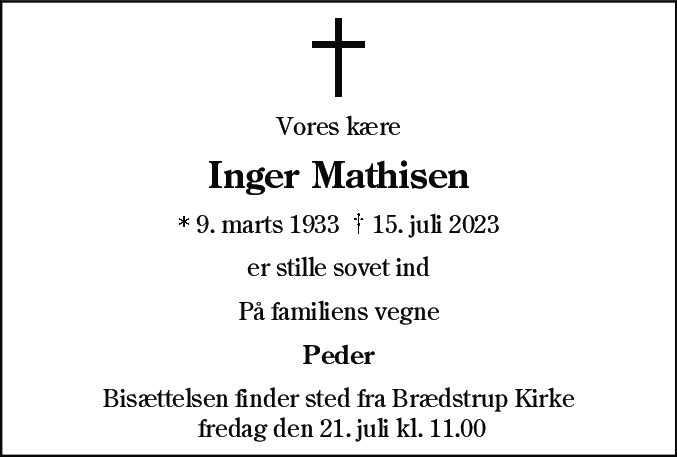 Dødsannonce for Inger Mathisen
