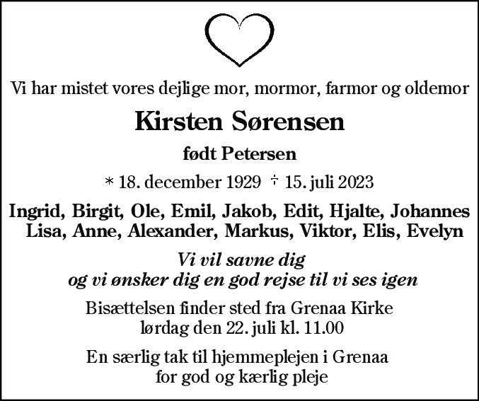 Dødsannonce for Kirsten Sørensen