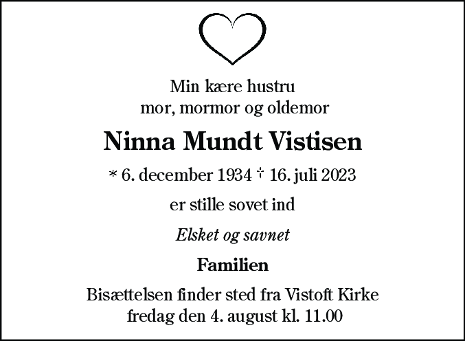 Dødsannonce for Ninna Mundt Vistisen