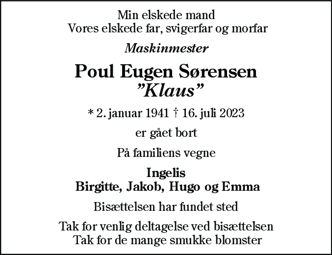 Dødsannonce for Poul Eugen Sørensen