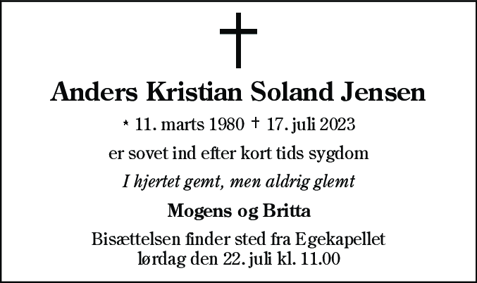 Dødsannonce for Anders Kristian Soland Jensen
