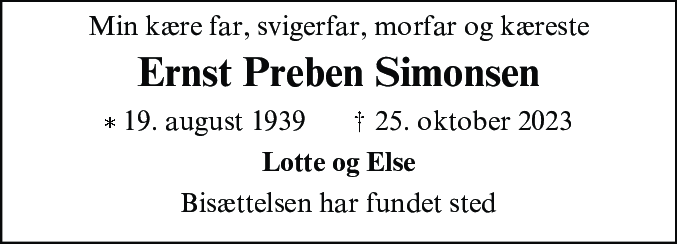 Dødsannonce for Ernst Preben Simonsen
