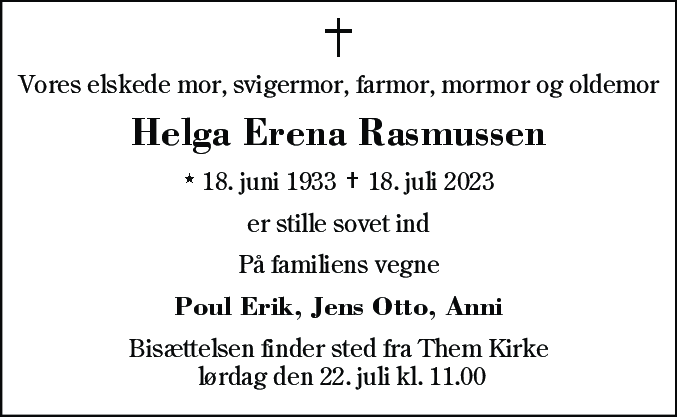 Dødsannonce for Helga Erena Rasmussen