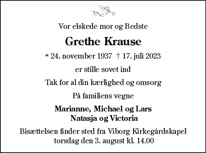 Dødsannonce for Grethe Krause