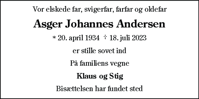 Dødsannonce for Asger Johannes Andersen