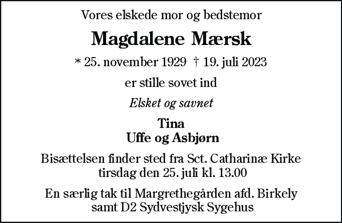 Dødsannonce for Magdalene Mærsk