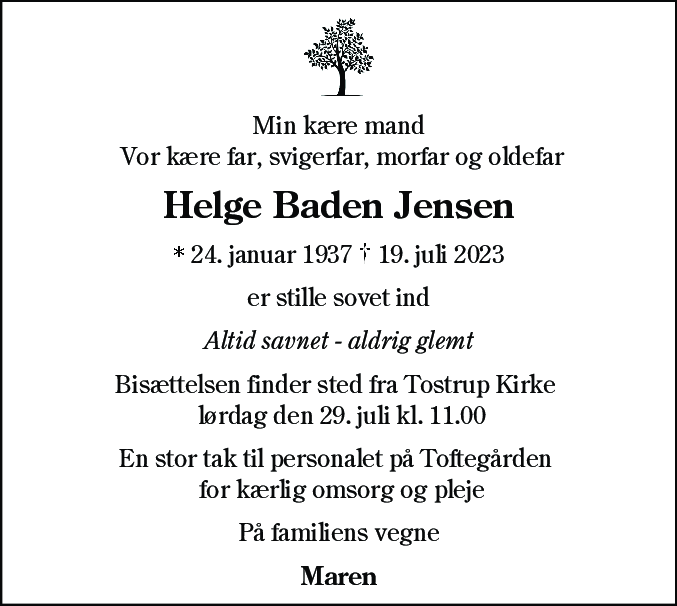 Dødsannonce for Helge Baden Jensen