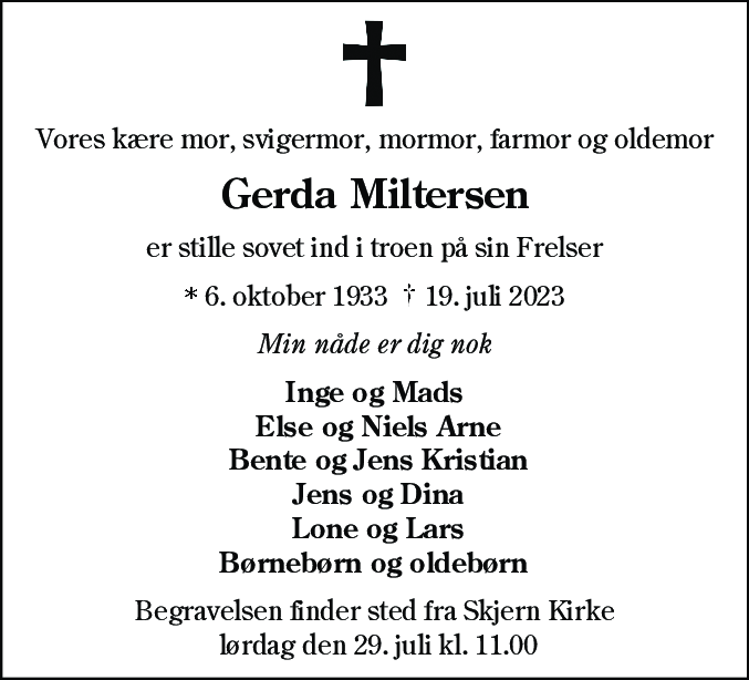 Dødsannonce for Gerda Gunhild Miltersen