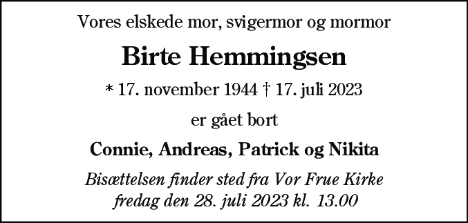 Dødsannonce for Birte Hemmingsen