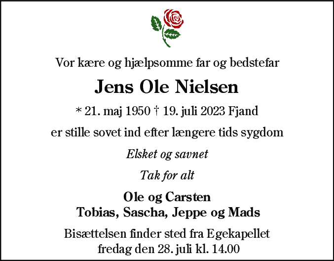 Dødsannonce for Jens Ole Nielsen