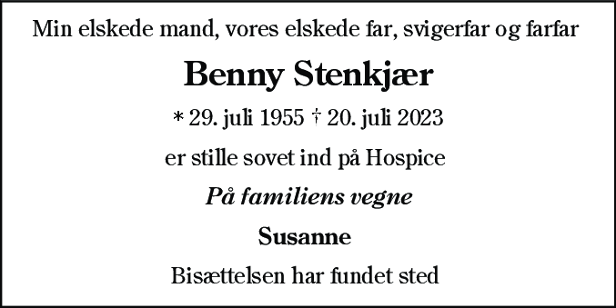 Dødsannonce for Benny Stenkjær