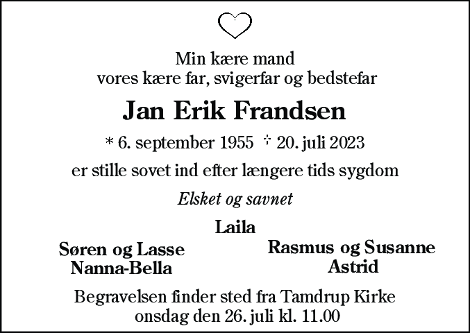 Dødsannonce for Jan Erik Frandsen