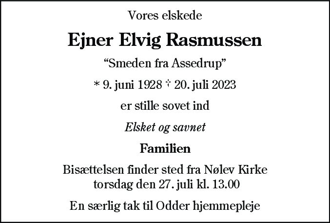 Dødsannonce for Ejner Elvig Rasmussen