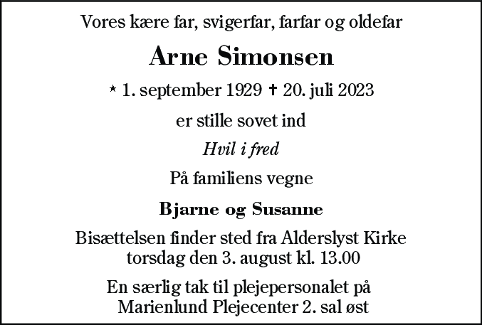 Dødsannonce for Arne Simonsen
