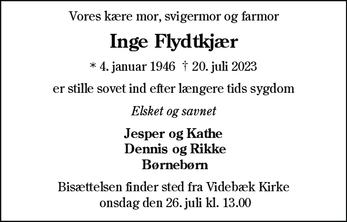 Dødsannonce for Inge Flydtkjær