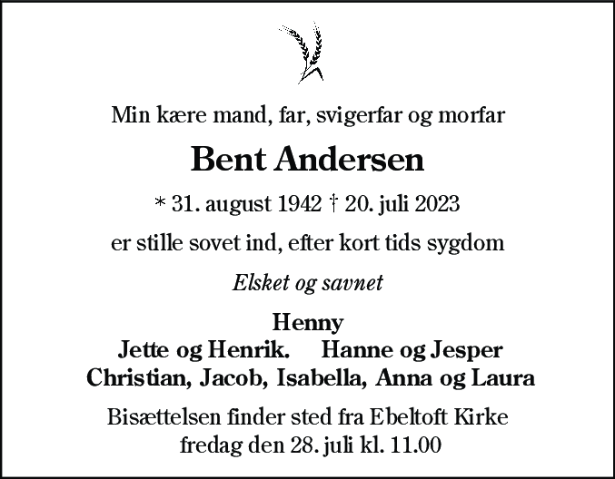 Dødsannonce for Bent Andersen