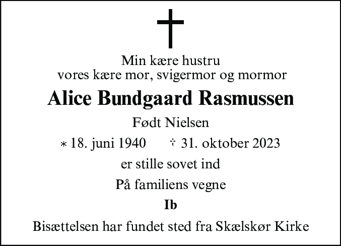 Dødsannonce for Alice Bundgaard Rasmussen