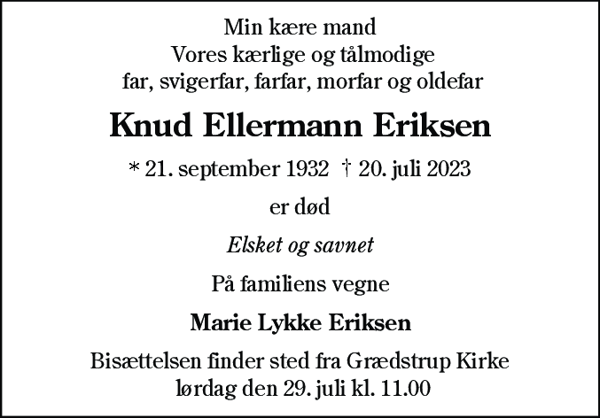 Dødsannonce for Knud Ellermann Eriksen