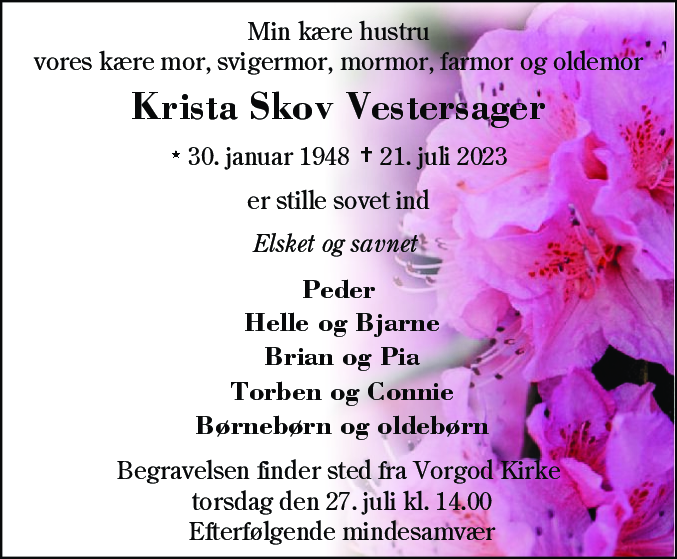 Dødsannonce for Krista Skov Vestersager